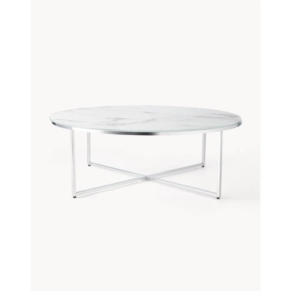 Tavolino Rotondo Xl Da Salotto Con Piano In Vetro Effetto Marmo Antigua