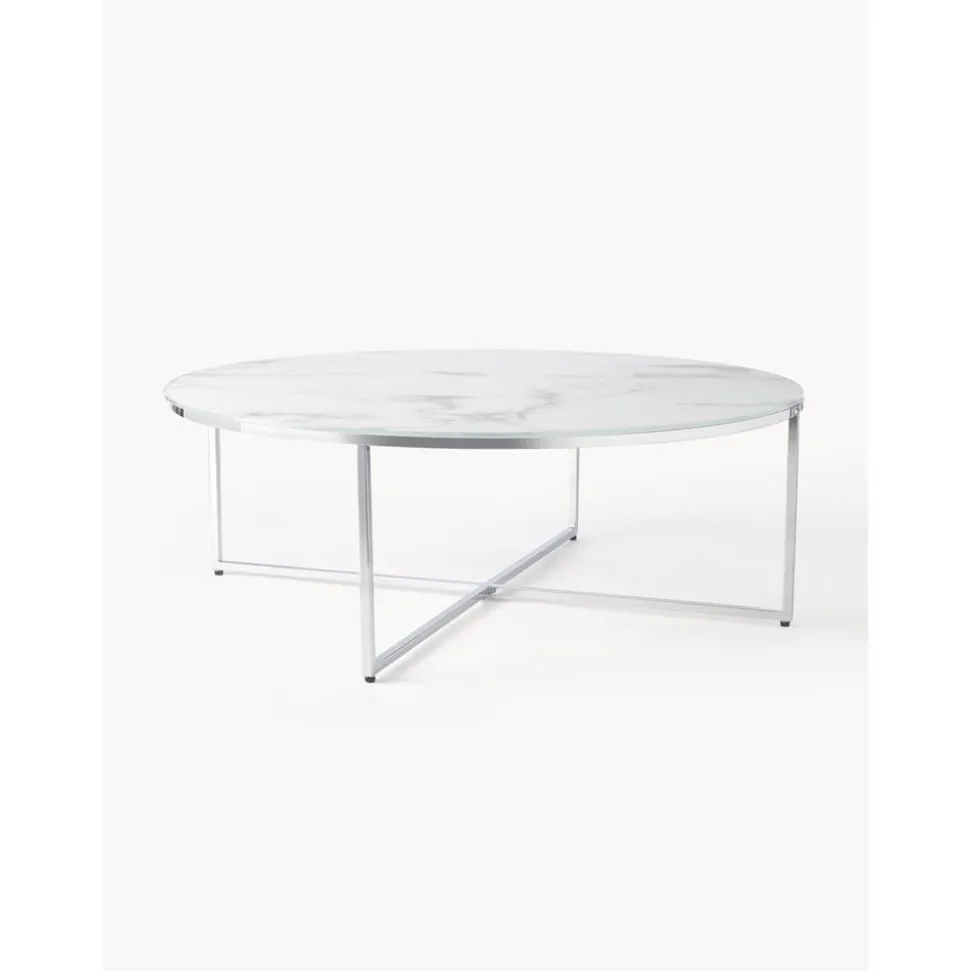 Tavolino Rotondo Xl Da Salotto Con Piano In Vetro Effetto Marmo Antigua