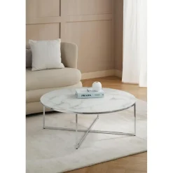 Tavolino Rotondo Xl Da Salotto Con Piano In Vetro Effetto Marmo Antigua