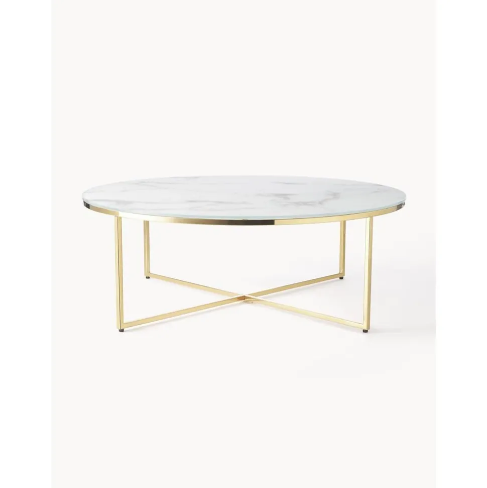 Tavolino Rotondo Xl Da Salotto Con Piano In Vetro Effetto Marmo Antigua