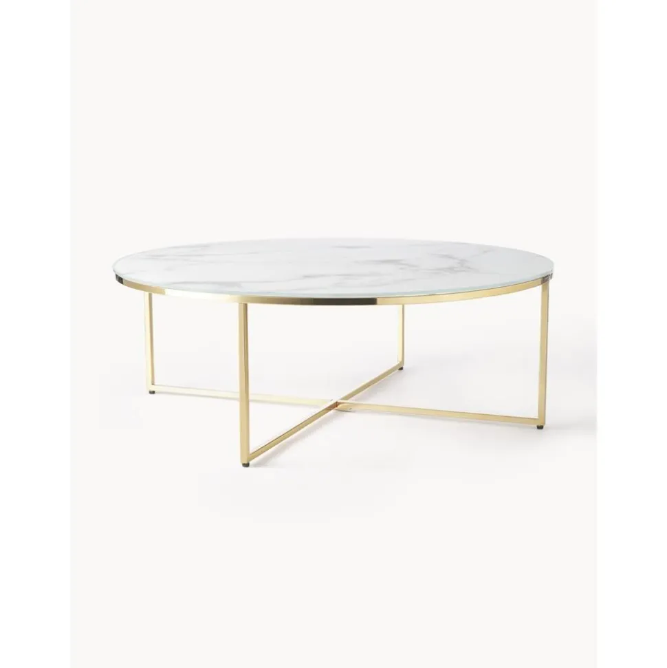 Tavolino Rotondo Xl Da Salotto Con Piano In Vetro Effetto Marmo Antigua