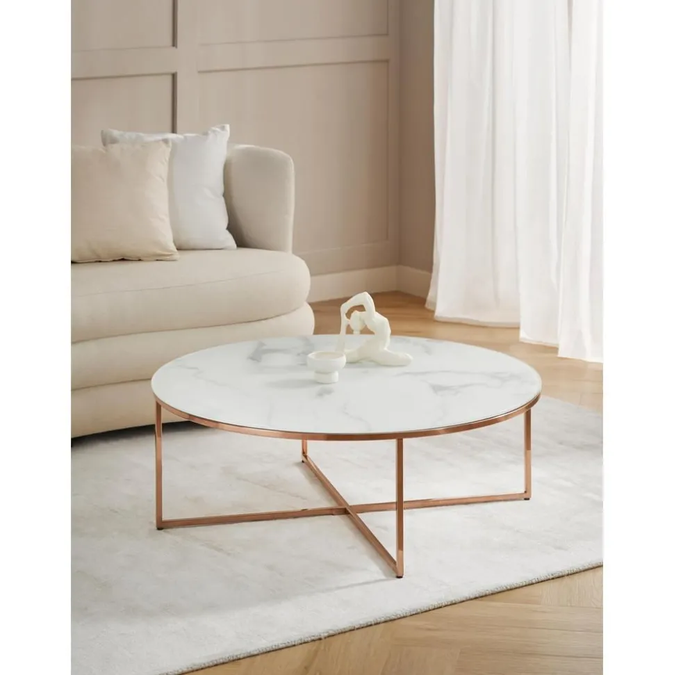 Tavolino Rotondo Xl Da Salotto Con Piano In Vetro Effetto Marmo Antigua