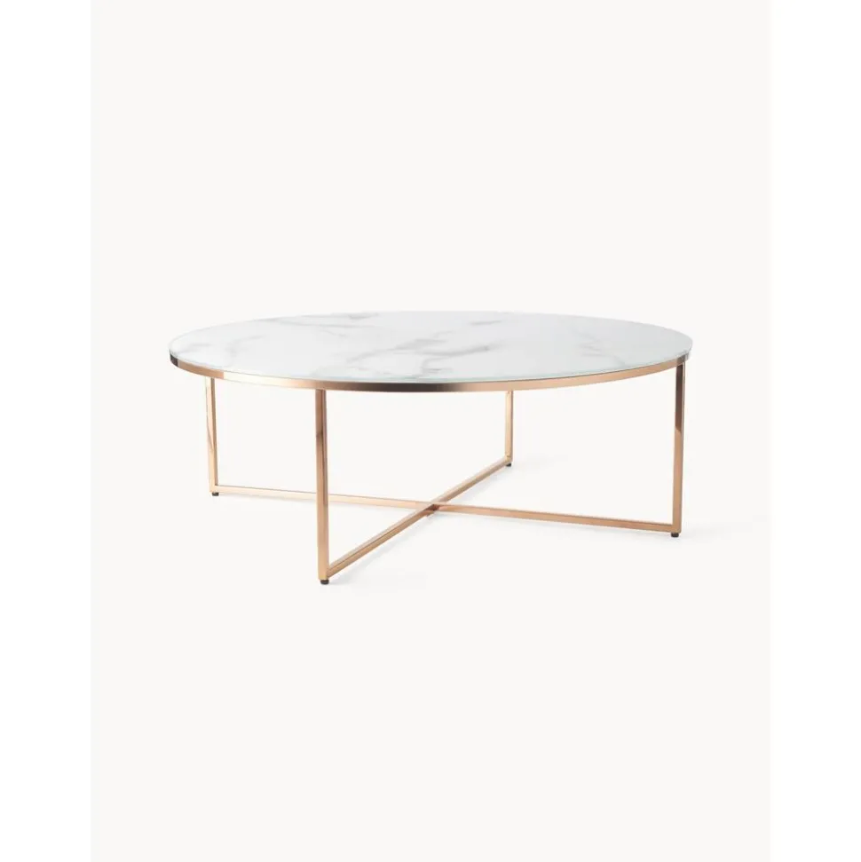 Tavolino Rotondo Xl Da Salotto Con Piano In Vetro Effetto Marmo Antigua