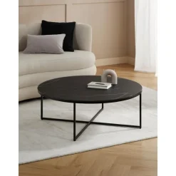 Tavolino Rotondo Xl Da Salotto Con Piano In Vetro Effetto Marmo Antigua