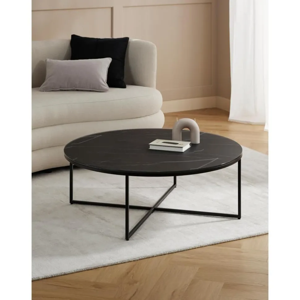 Tavolino Rotondo Xl Da Salotto Con Piano In Vetro Effetto Marmo Antigua