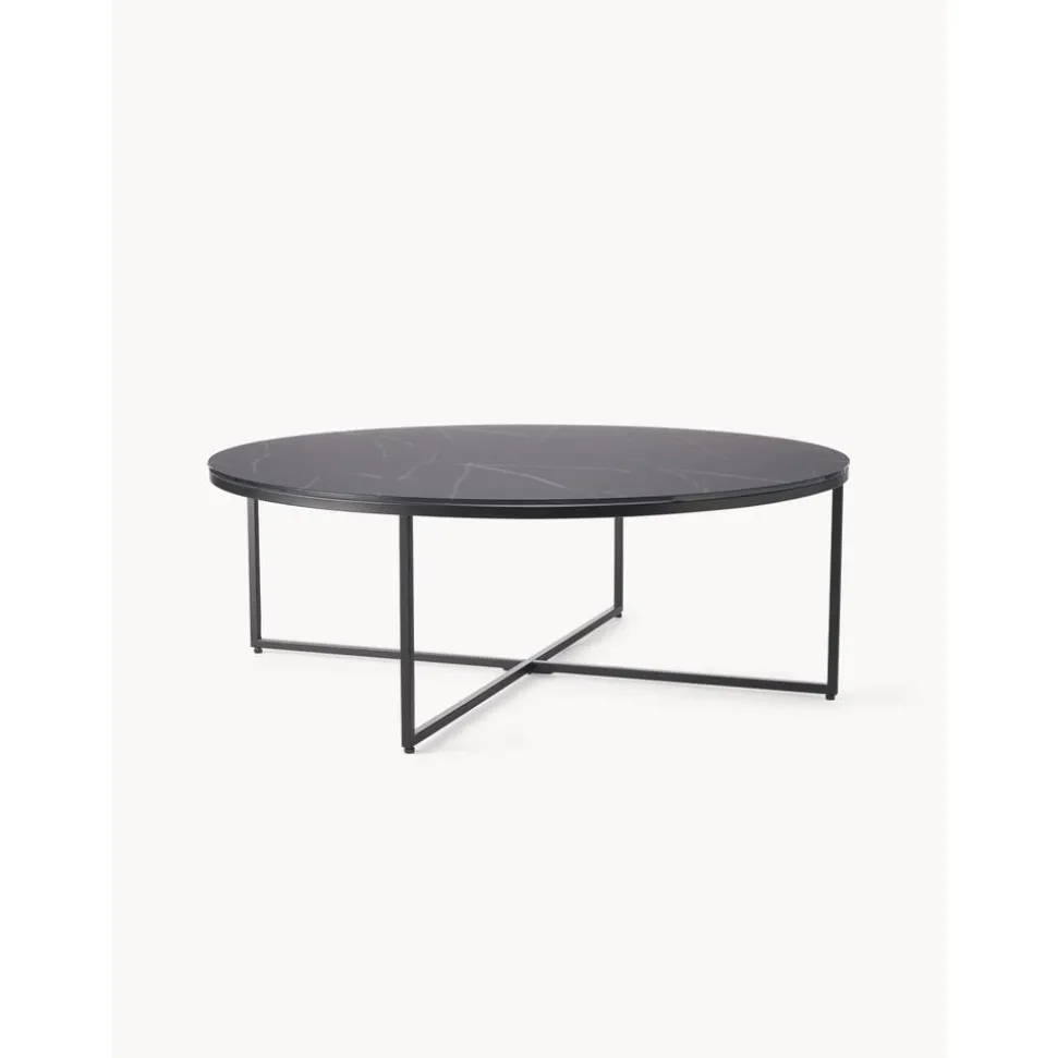 Tavolino Rotondo Xl Da Salotto Con Piano In Vetro Effetto Marmo Antigua