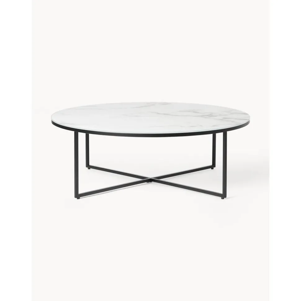 Tavolino Rotondo Xl Da Salotto Con Piano In Vetro Effetto Marmo Antigua