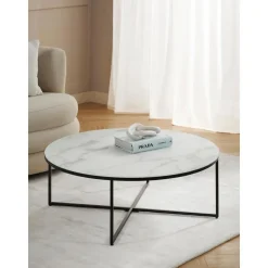 Tavolino Rotondo Xl Da Salotto Con Piano In Vetro Effetto Marmo Antigua