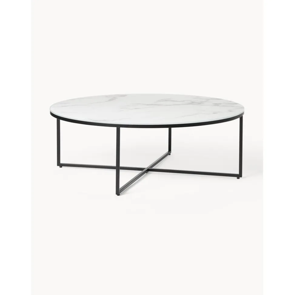 Tavolino Rotondo Xl Da Salotto Con Piano In Vetro Effetto Marmo Antigua