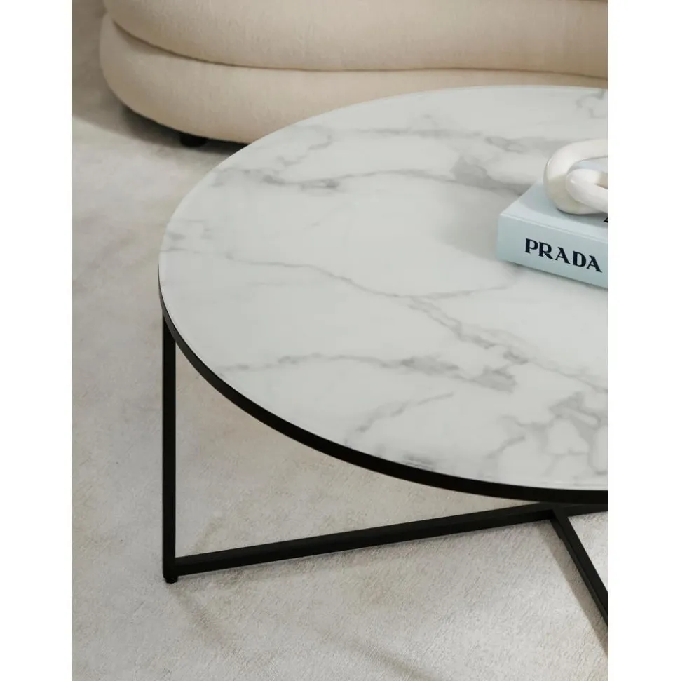 Tavolino Rotondo Xl Da Salotto Con Piano In Vetro Effetto Marmo Antigua